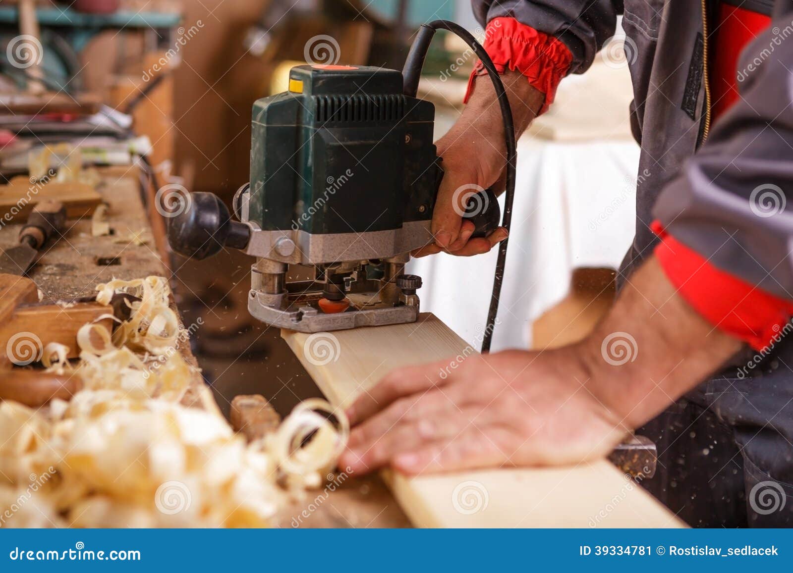 Carpenter at Work with Electric Planer Joinery Stock Image Image of