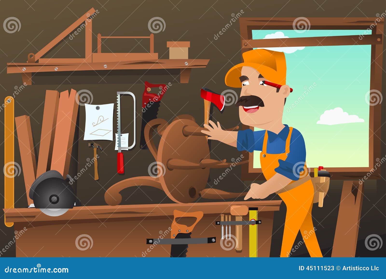 Carpenter Working Making a Chair Stock Vector - Illustration of worker