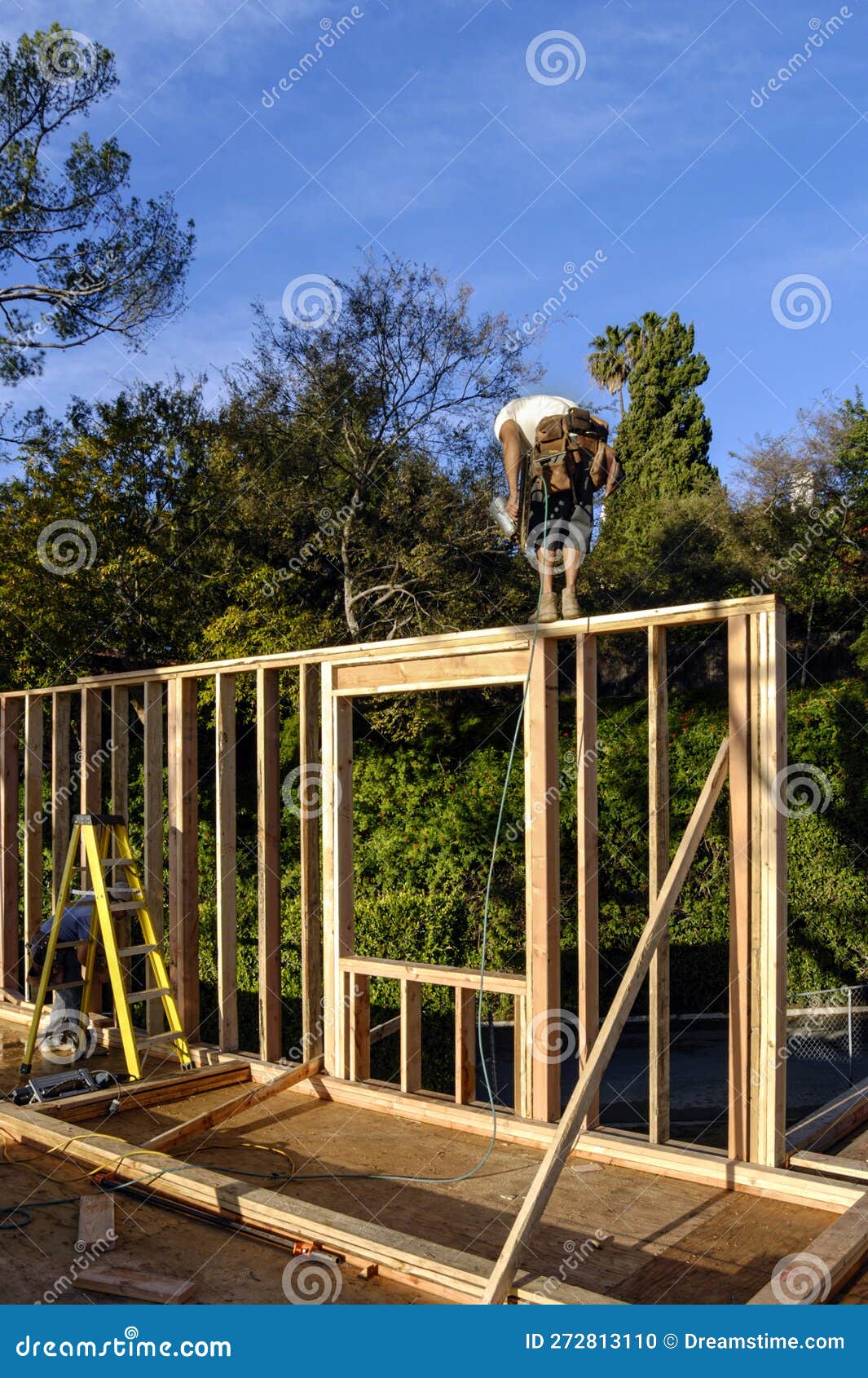 Carpenters Framing a New Exterior Wall on Deck Stock Photo Image of