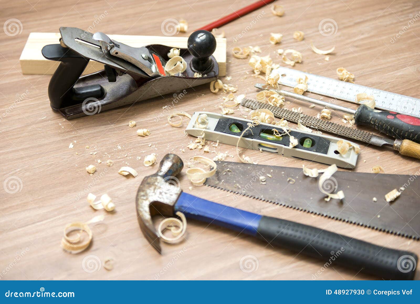 Carpentry Tools And Wood Shavings On Floor Stock Photo Image Of