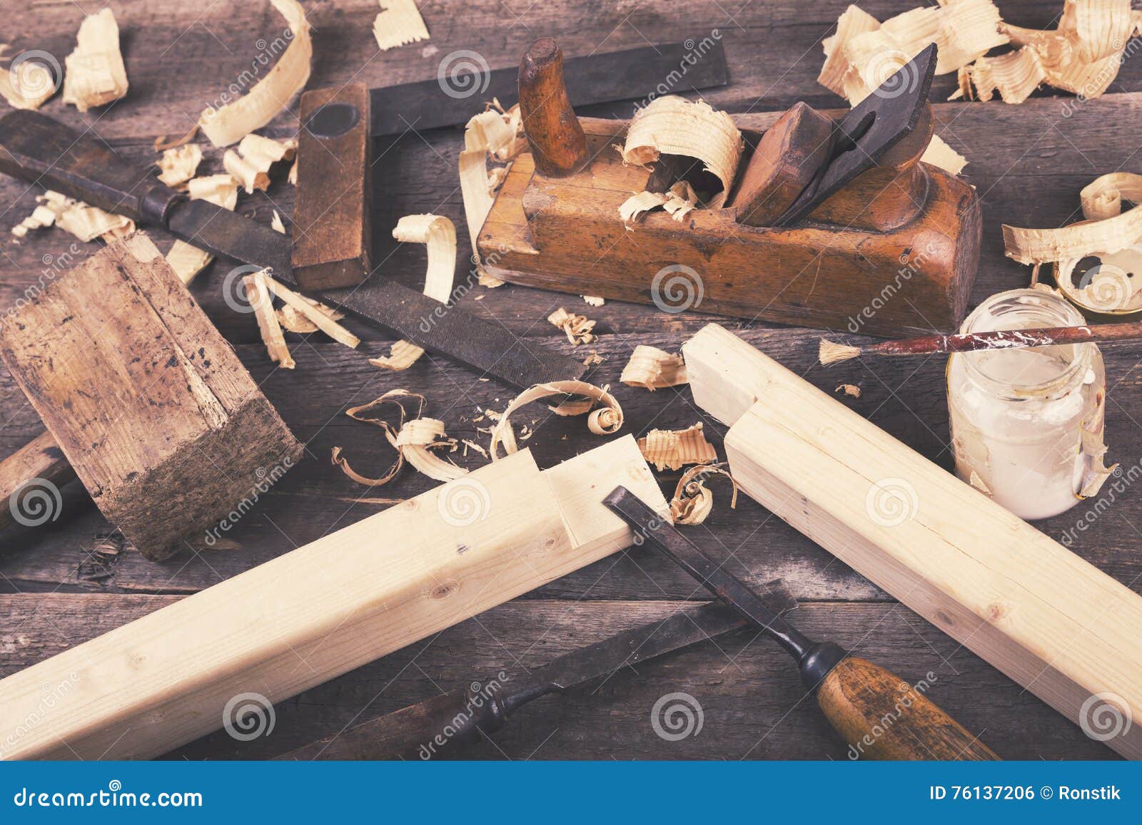 Carpentry Vintage Woodworking Tools on Wooden Table Stock Photo