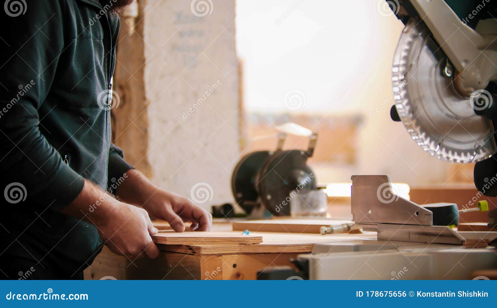 Carpentry Working a Man Making Marks on the Plywood Stock Photo