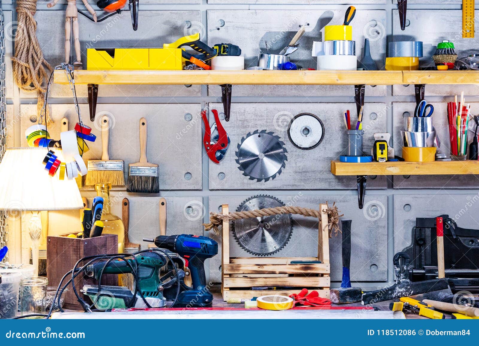 Carpentry Equipped with the Necessary Tools Stock Photo