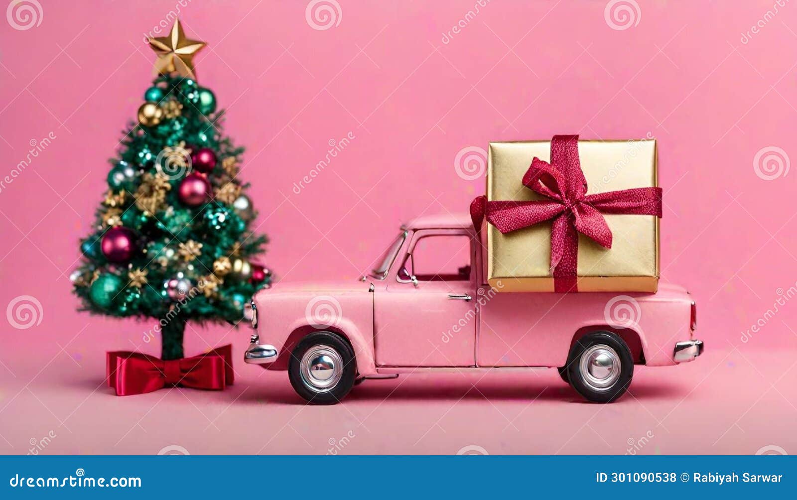 carrito de la compra en miniatura con regalos y Ãrbol de navidad, acompaÃ±ado de una estrella dorada sobre fondo rosado