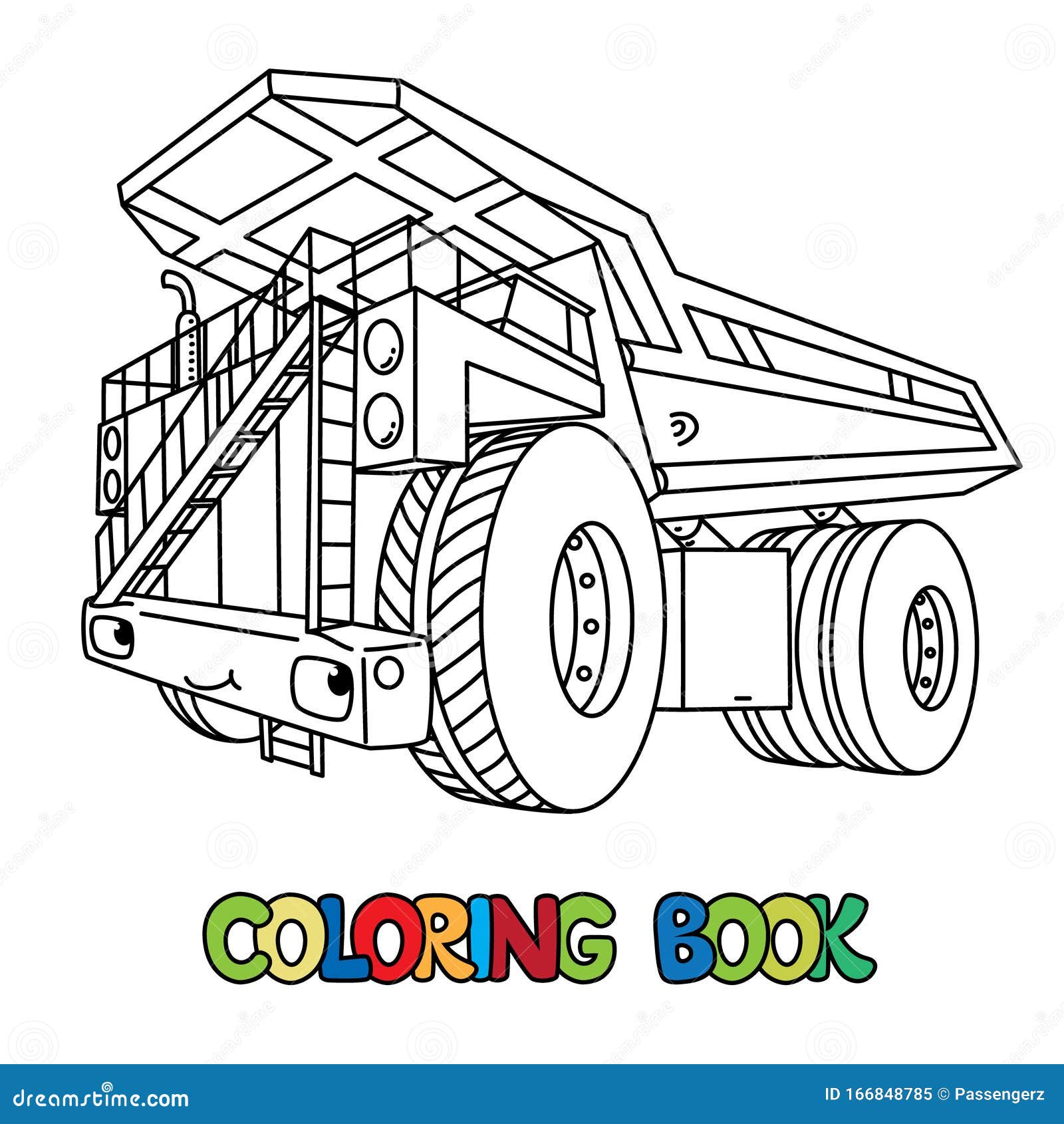 Trator pesado. veículo de brinquedo dos desenhos animados com cara  engraçada. página do livro para colorir para crianças.
