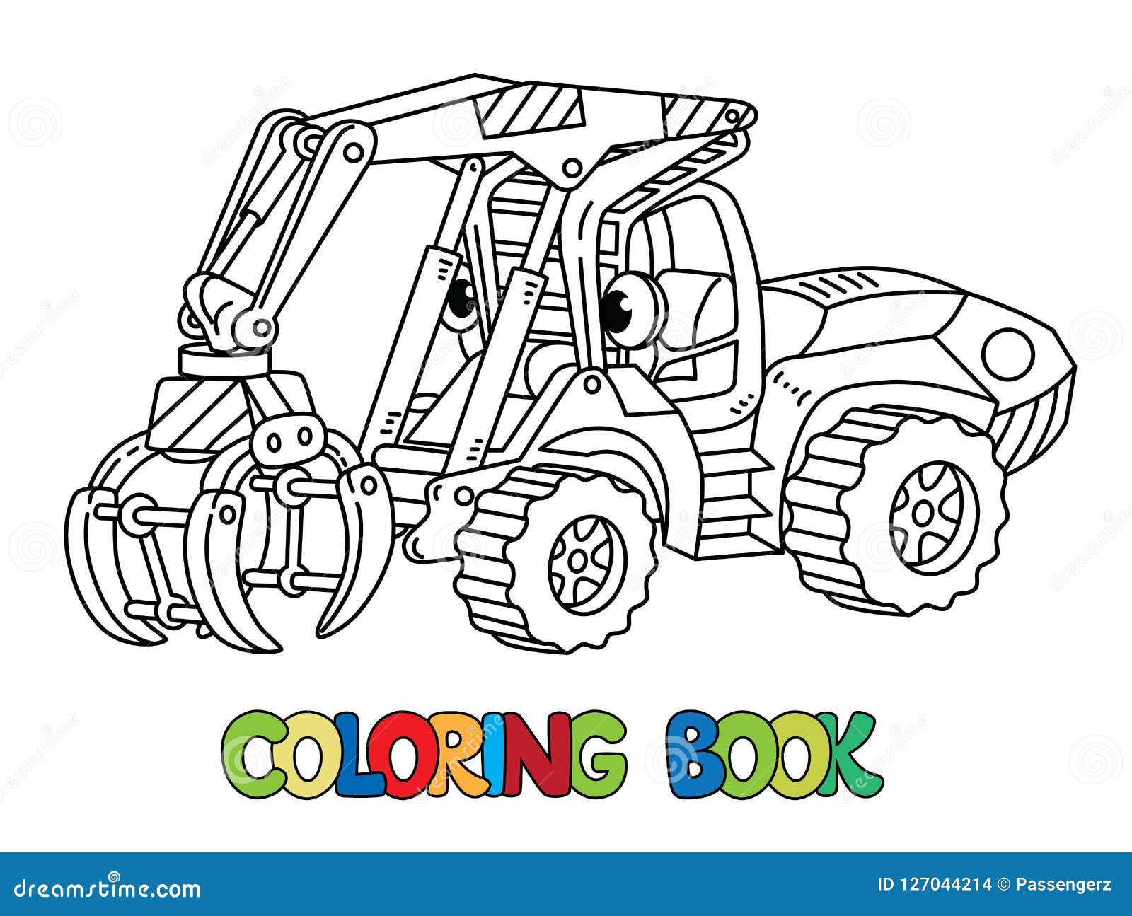 Trator pesado. veículo de brinquedo dos desenhos animados com cara  engraçada. página do livro para colorir para crianças.