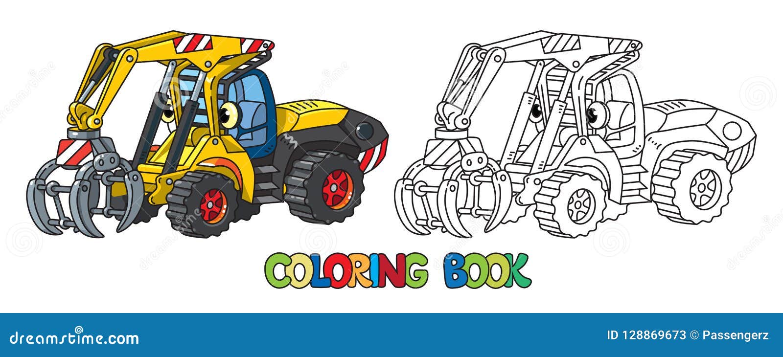 Trator pesado. veículo de brinquedo dos desenhos animados com cara  engraçada. página do livro para colorir para crianças.