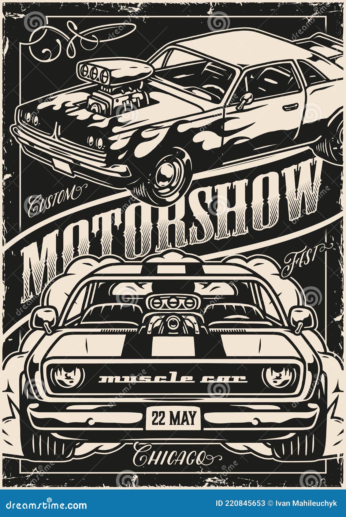 Carros Personalizados Motorshow Vintage Poster Ilustración del Vector -  Ilustración de humo, transporte: 220845653