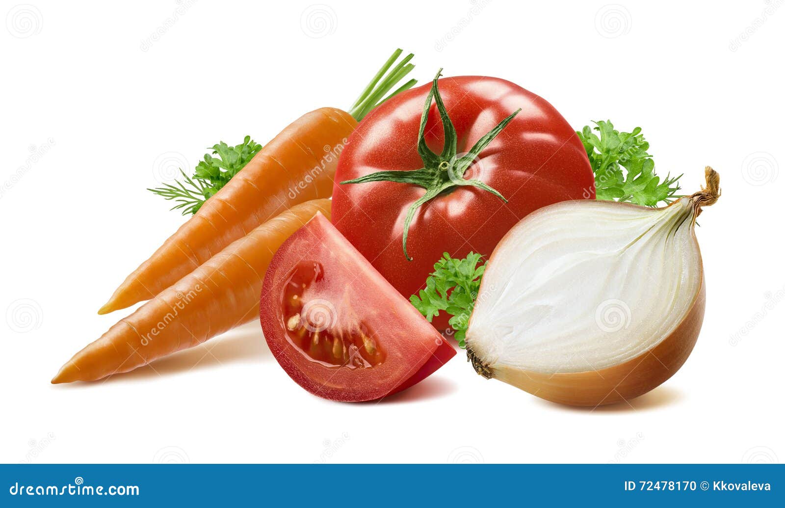 Carrots Tomato Yellow Onion Herbs on White Background Stock Photo