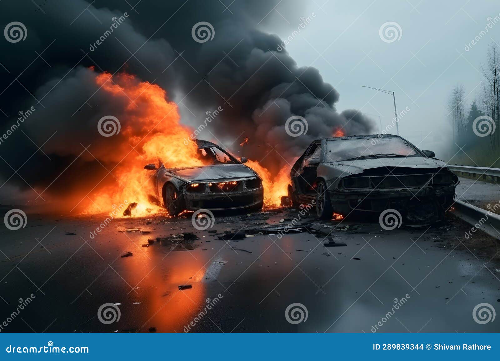 Vehicle Burning on Road after Explosion or Accident. AI Generated Stock