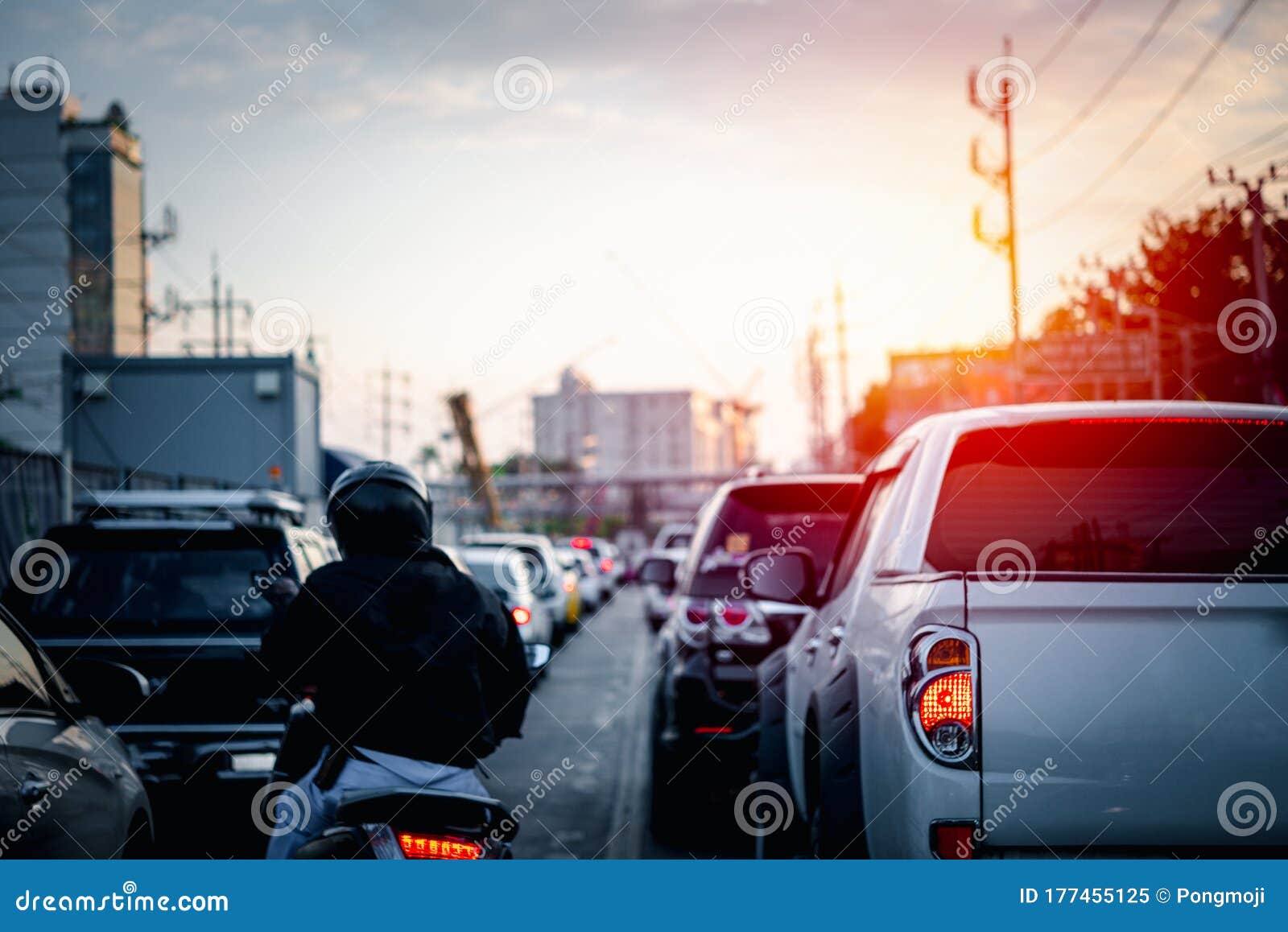 cars on busy road in the city with traffic jam