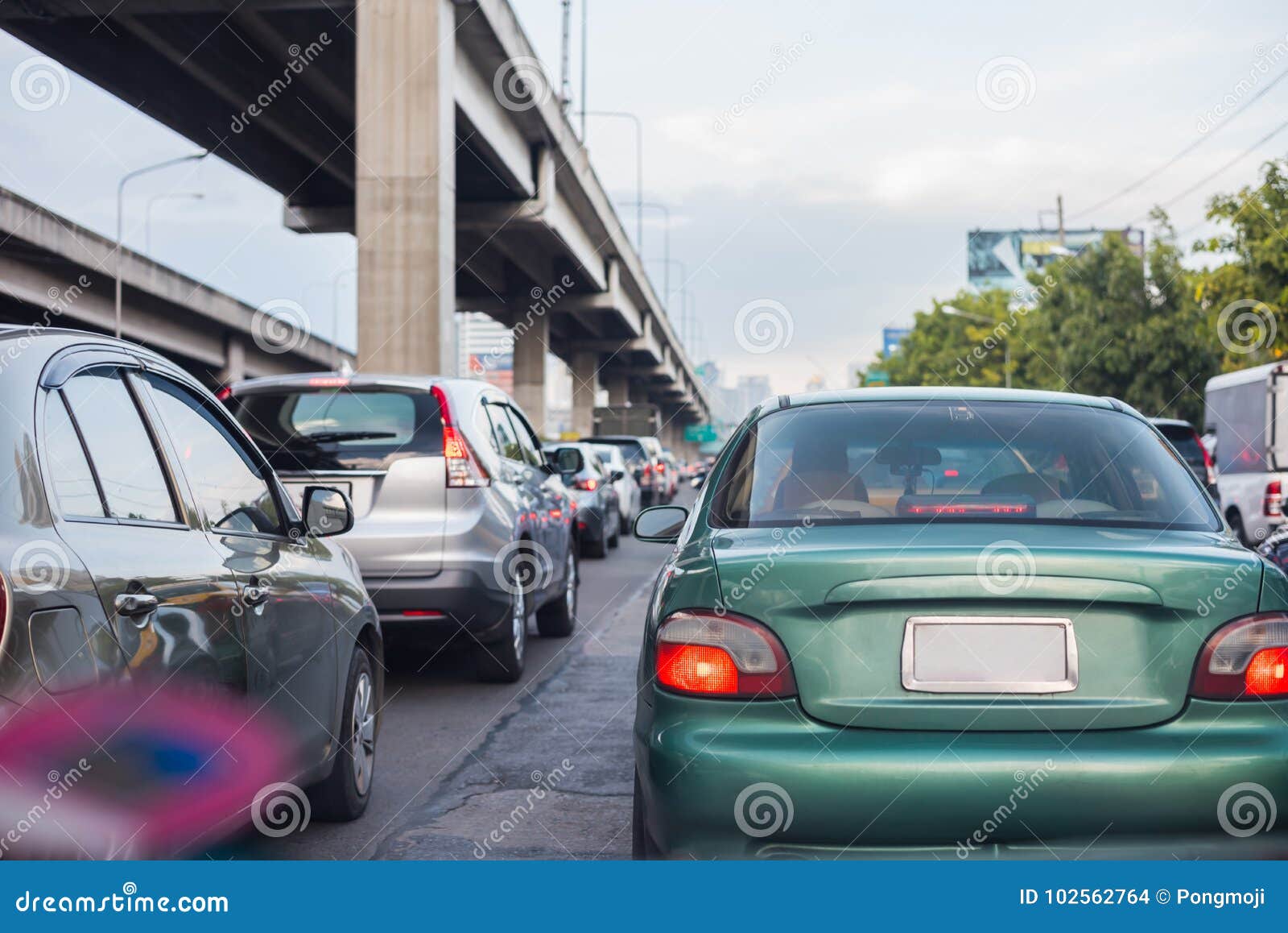 cars on busy road in the city with traffic jam