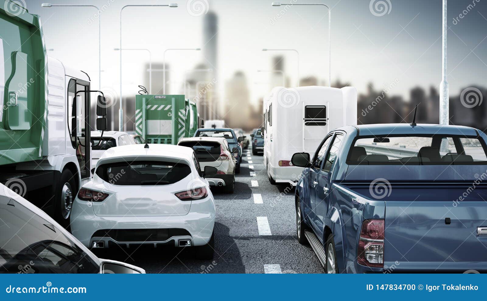 Cars on Highway in Traffic Jam 3d Render Sity Landscape Stock