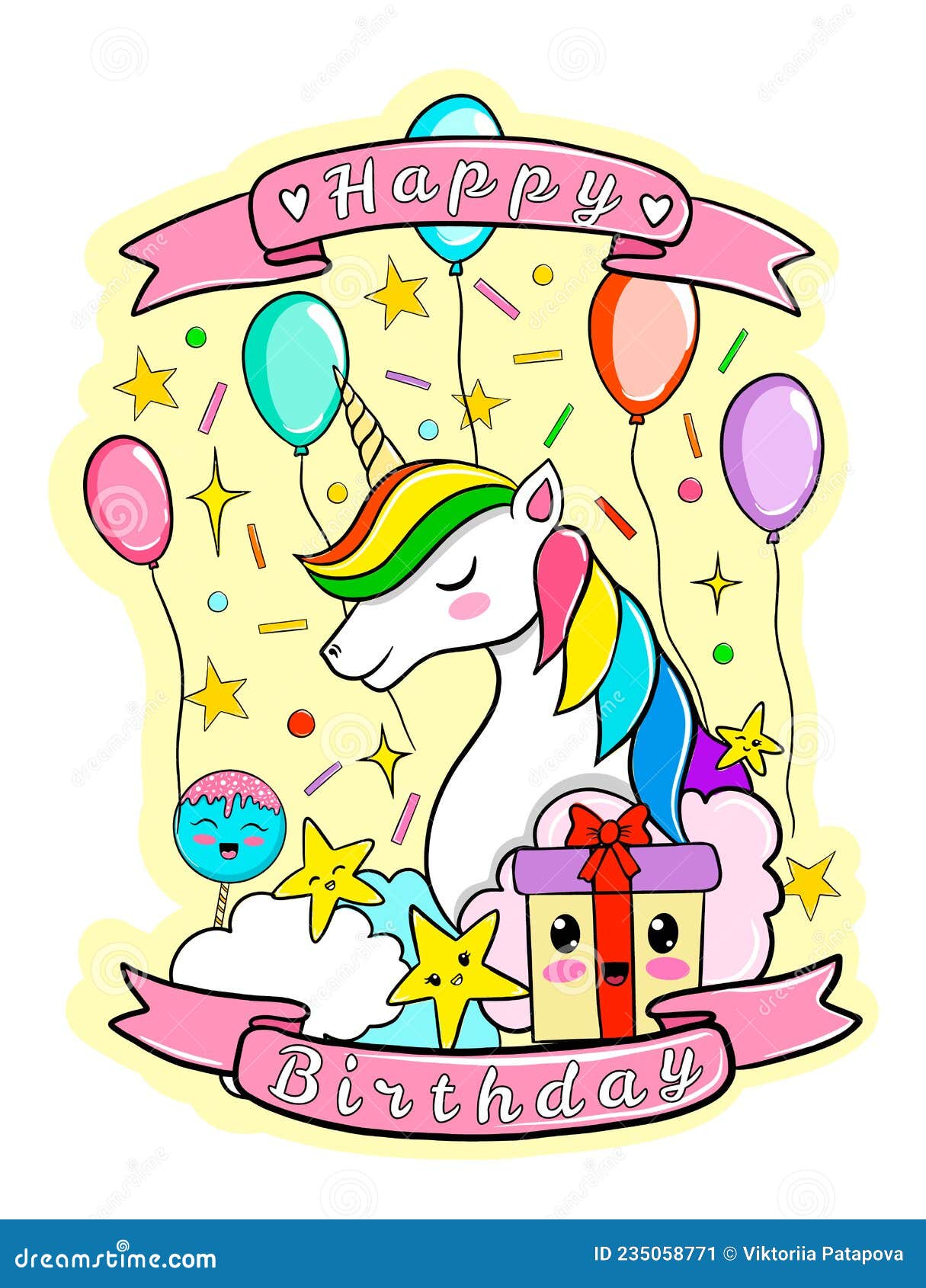 Bolo doce de vetor de unicórnio fofo, feliz aniversário, desenho