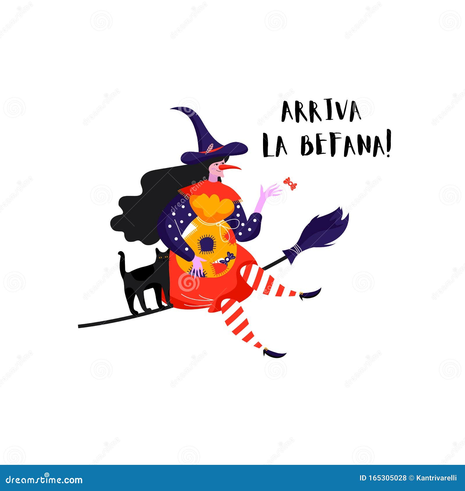 Cartão De Saudação Com Texto Arriva La Befana Feiticeira E Gato Para Feliz  Dia Da Epifania Ilustração do Vetor - Ilustração de vôo, feliz: 165305028