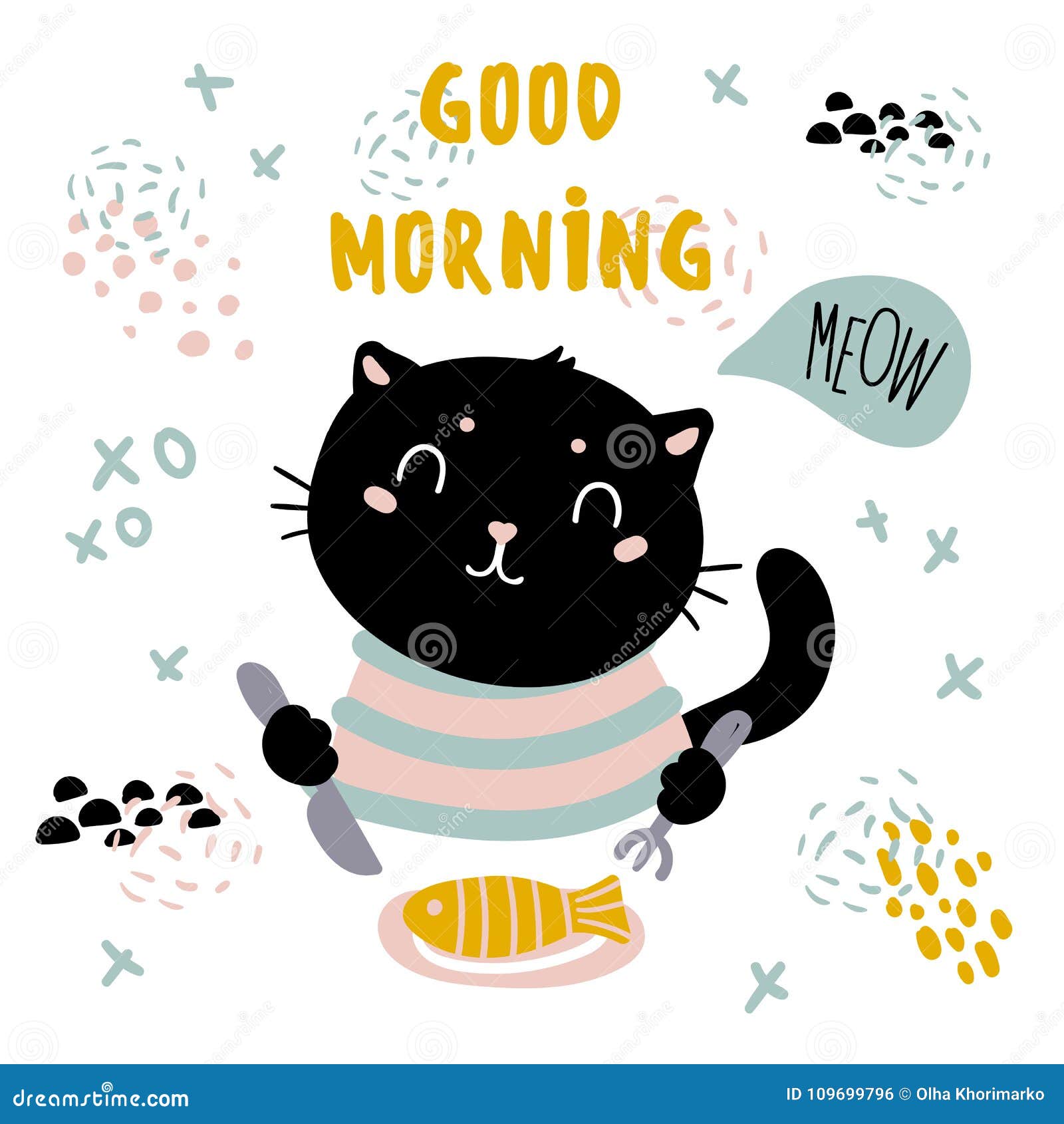 Cartão Do Gato Do Bom Dia O Animal De Estimação Tem O Café Da Manhã Dos  Peixes Ilustração do Vetor - Ilustração de sonho, café: 109699796