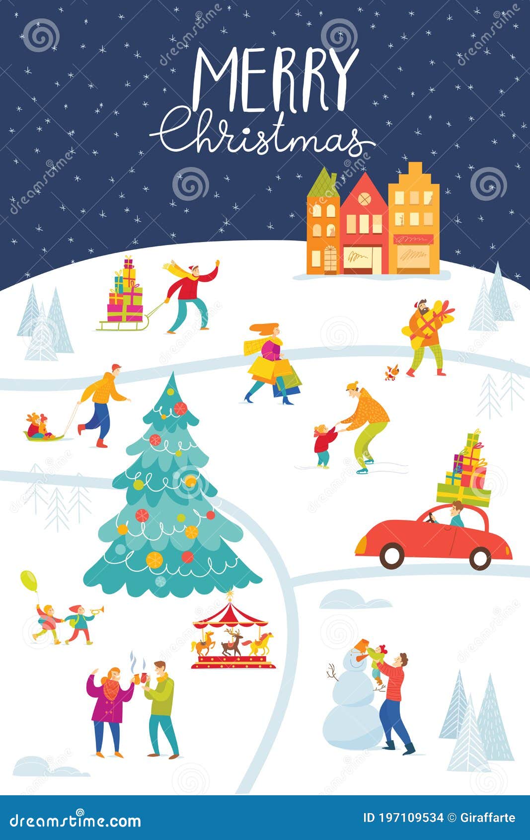 Cartão Ou Cartaz Do Mercado De Natal Com Mapa Das Cidades E Pessoas Que  Fazem Atividades De Inverno. Ilustração do Vetor - Ilustração de feriado,  neve: 197109534