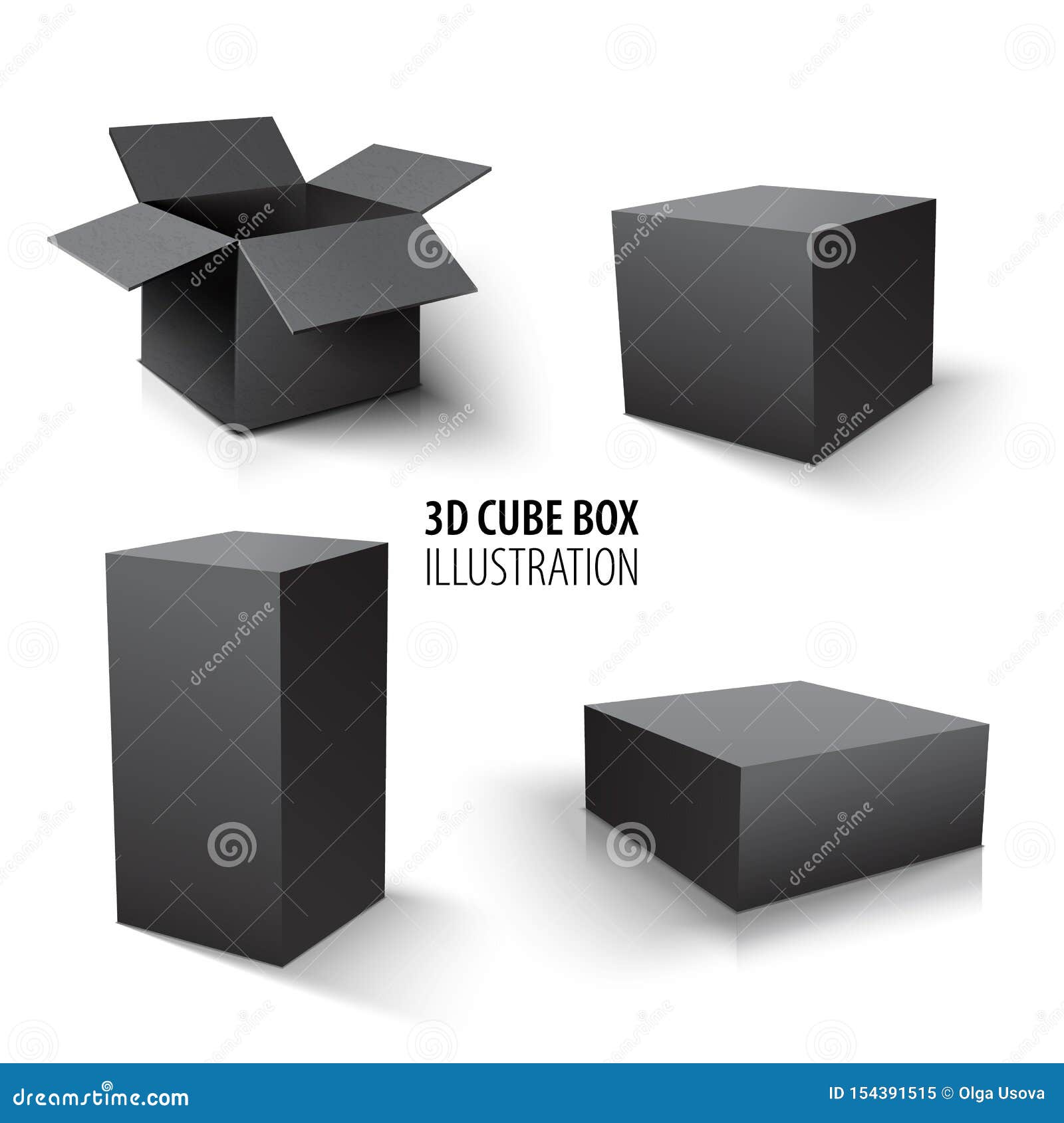 Cartón Que Empaqueta El Sistema De La Caja Negra 3d Y Del Cubo Fije De Las  Cajas Y Del Cubo Abiertos De Cartón En El Fondo Blanco Ilustración del  Vector - Ilustración