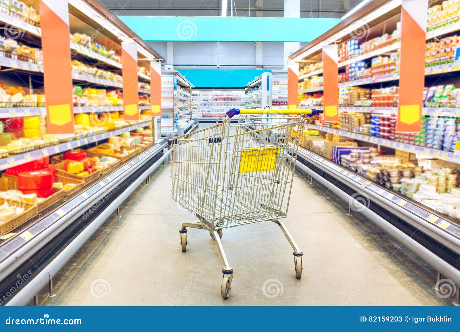 cart at the grocery store. supermarket interior, empty shopping trolley. business ideas and retail trade.