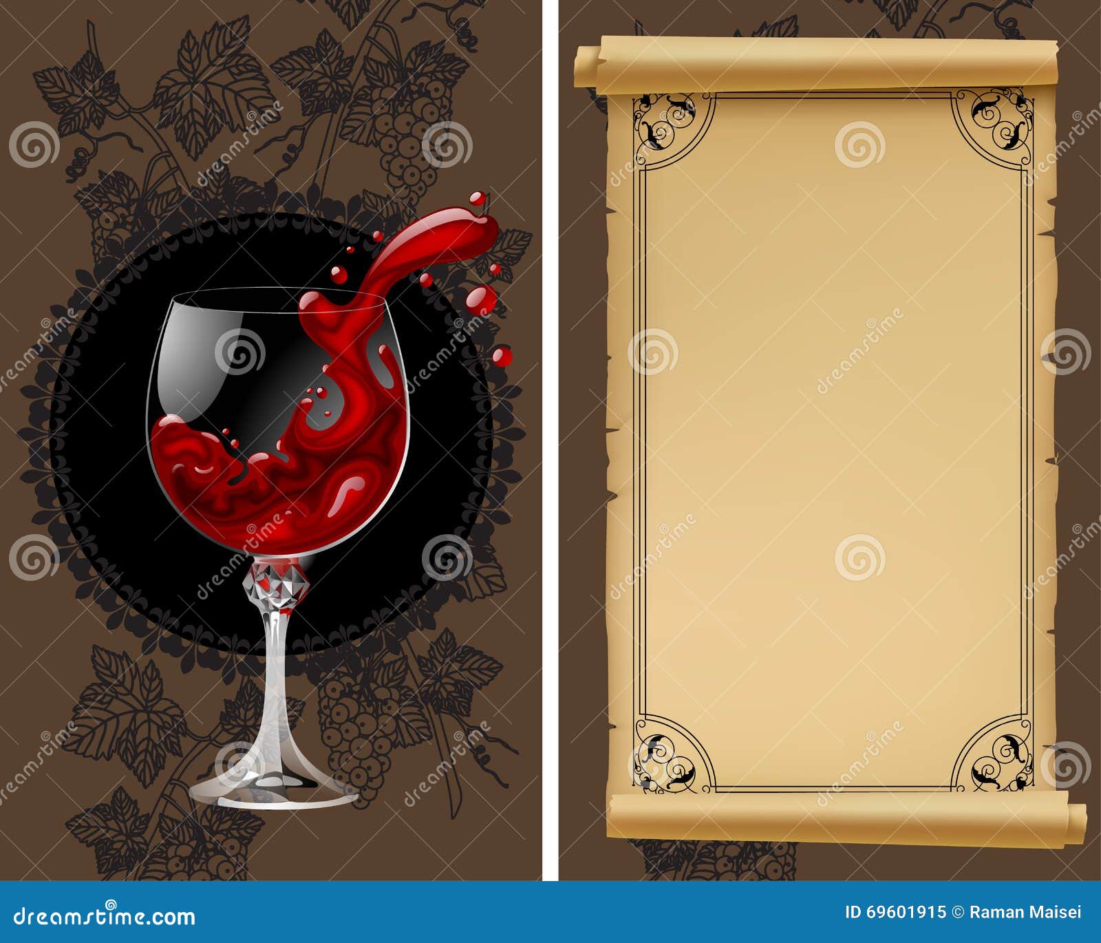 Carta de vinhos com pergaminho, as uvas, a garrafa e o copo de vinho velhos com vinho espirrado Molde do menu do vintage Há além um formato do vetor (EPS 10)