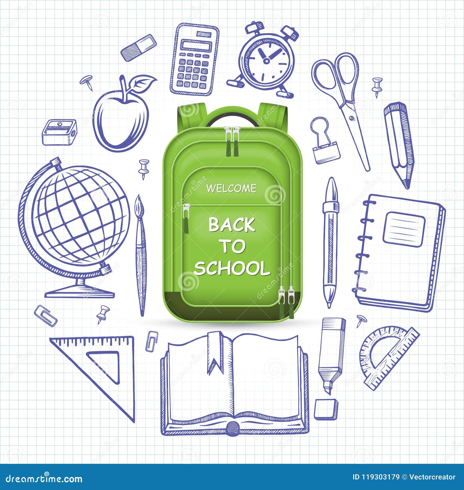 Dessin De Fourniture Scolaire A Imprimer Cartable Avec L'ensemble De Fournitures Scolaires Illustration de
