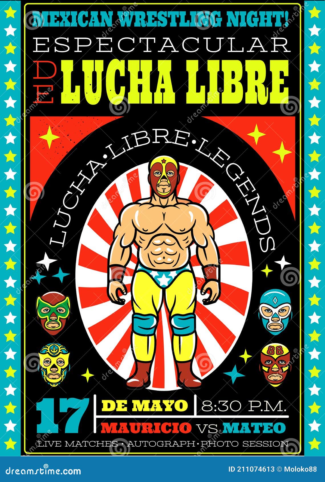 Cartaz de propaganda da transmissão da batalha final do show de luta livre.  lucha libre lutador extremo mexicano usando máscara, pronto para o esporte  competição desempenho promoção design ilustração vetorial