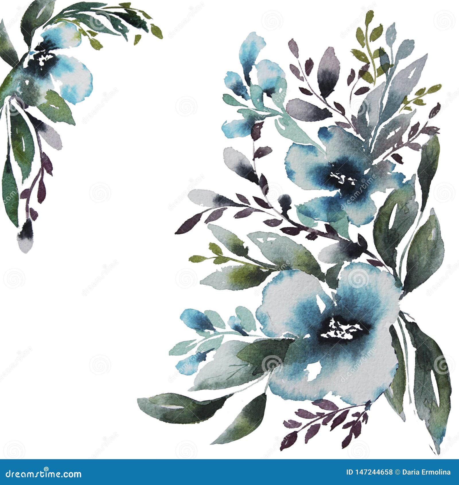 Carte Avec Les Fleurs Bleues D'aquarelle Illustration Stock - Illustration  du fond, bouquet: 147244658