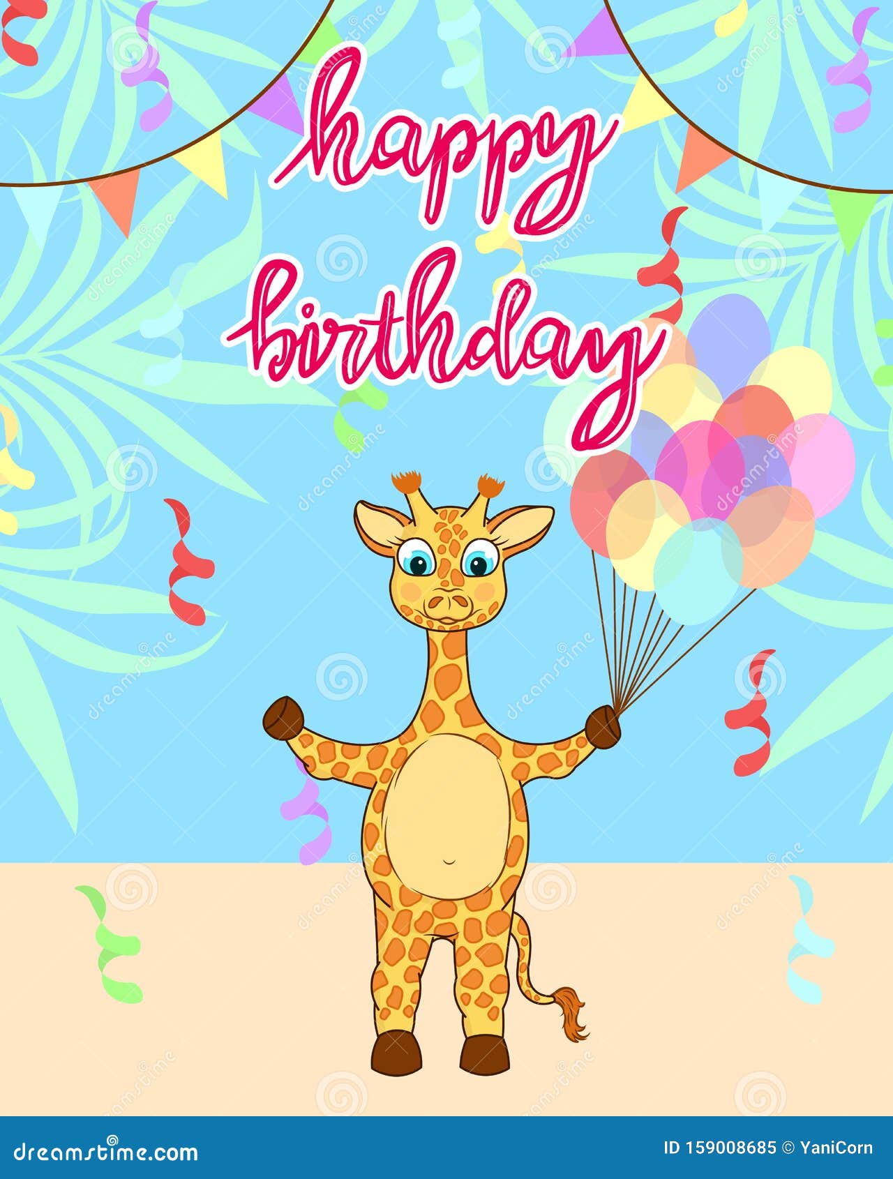 Carte D Anniversaire De La Petite Girafe Carte De Voeux D Anniversaire Mignonne Avec Girafe Africaine Ballons Colores Et Fond Illustration De Vecteur Illustration Du Giraffe Anniversaire