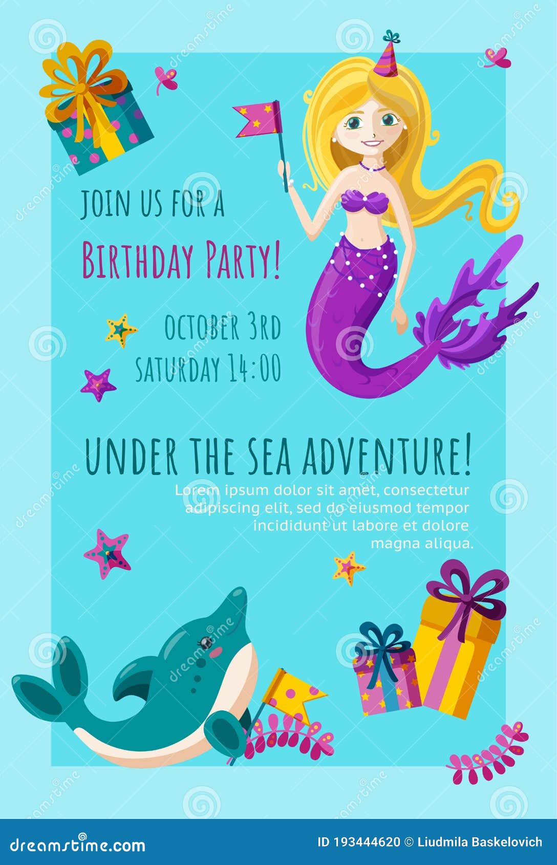 Carte D Invitation D Anniversaire Avec La Sirene Et Les Etoiles De Mer De Dauphin Conception Prete A L Emploi D Invitation Avec D Illustration De Vecteur Illustration Du Dessin Celebrez