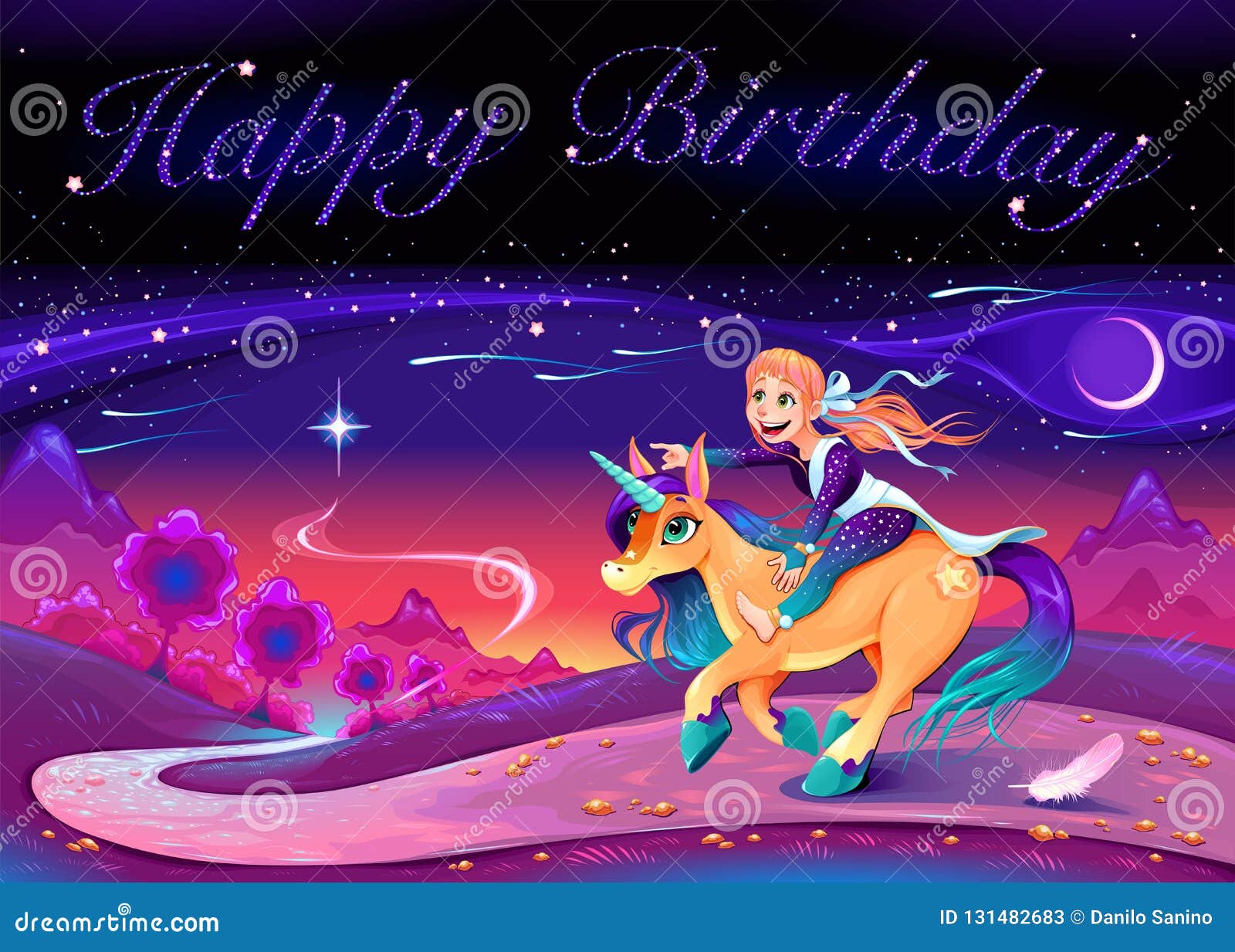 Carte De Joyeux Anniversaire Avec La Fille Montant La Licorne Illustration De Vecteur Illustration Du Avec Carte