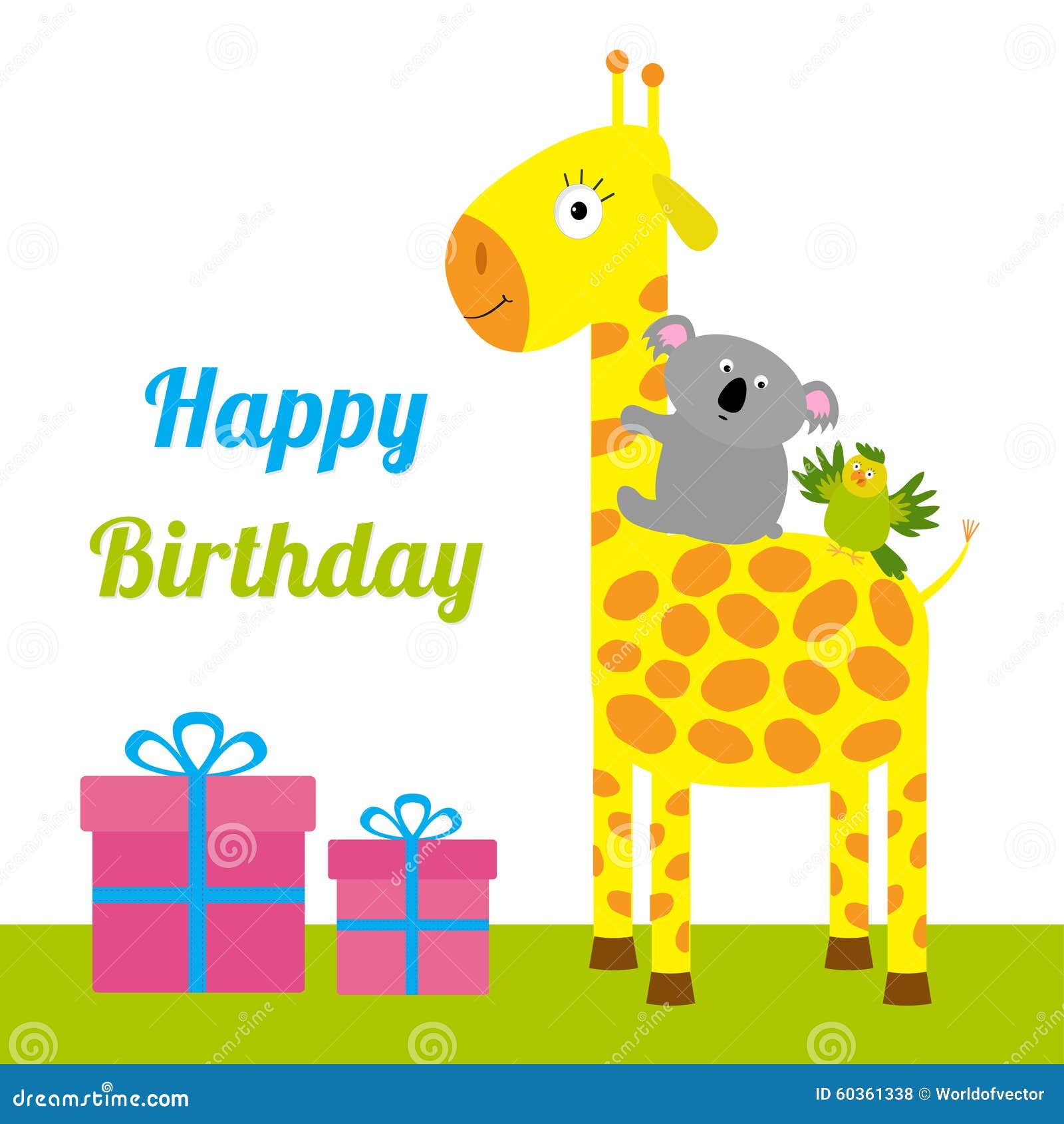 Carte De Joyeux Anniversaire Avec La Girafe Le Koala Et Le Perroquet Mignons Conception Plate De Fond Regle De Bebe De Giftbox Illustration De Vecteur Illustration Du Mignons Giftbox