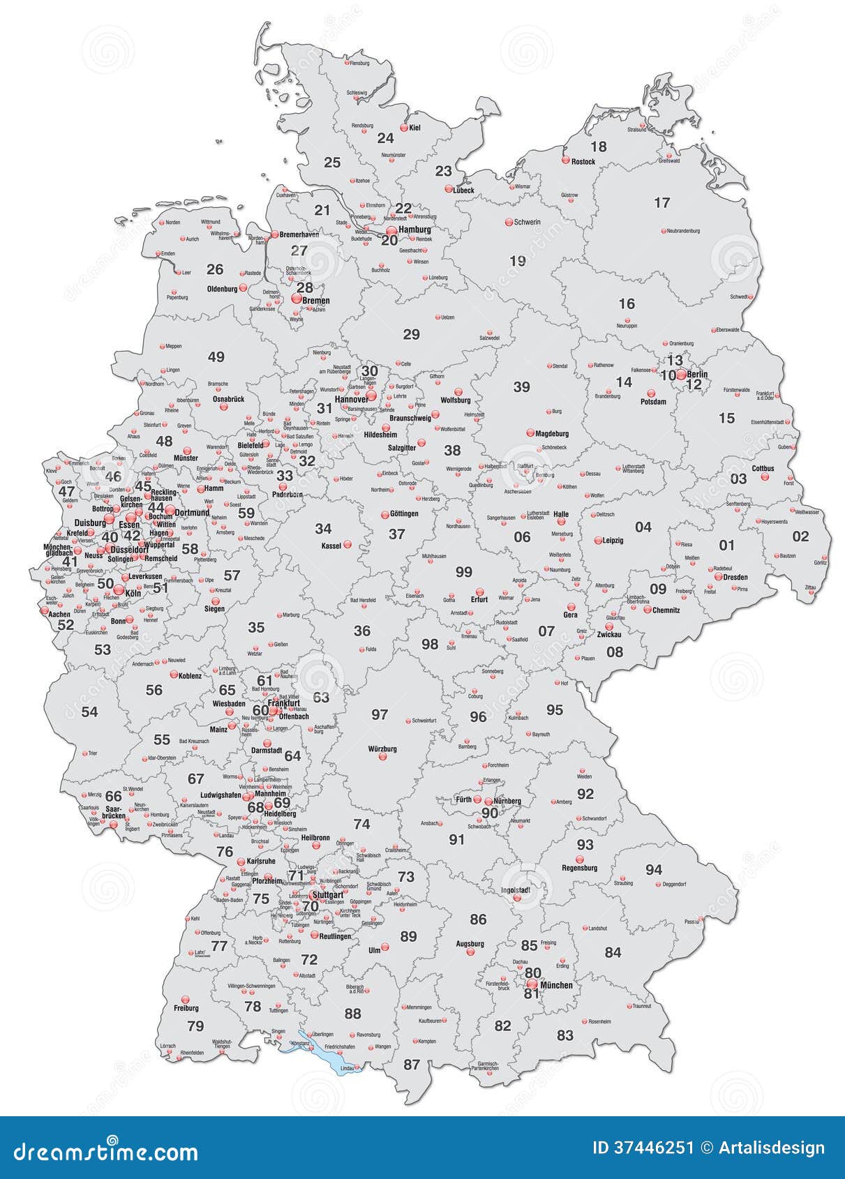 Carte De Lallemagne Avec Des Codes Postaux Dans Le Gris