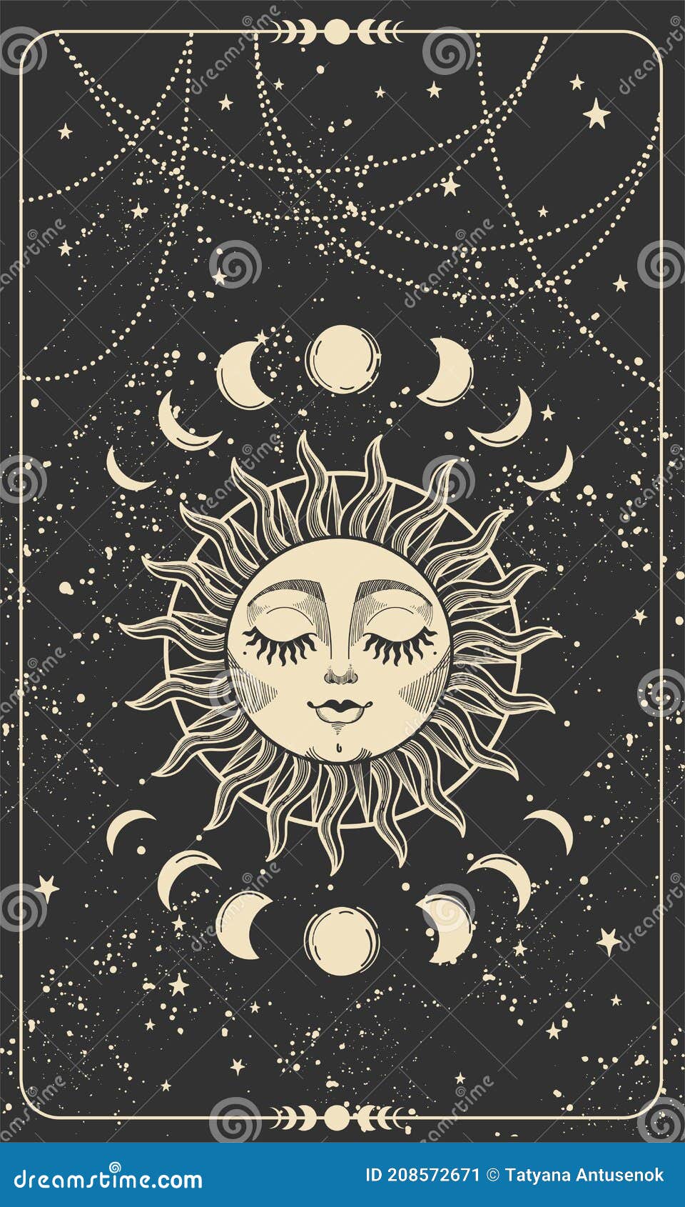 Medicin illoyalitet Katastrofe Carte De Tarot Avec Le Soleil Avec Des Phases Et Des étoiles De Lune De  Visage. Tatouage Bohème De Conception De Carte Magique Emb Illustration de  Vecteur - Illustration du vieux, main: