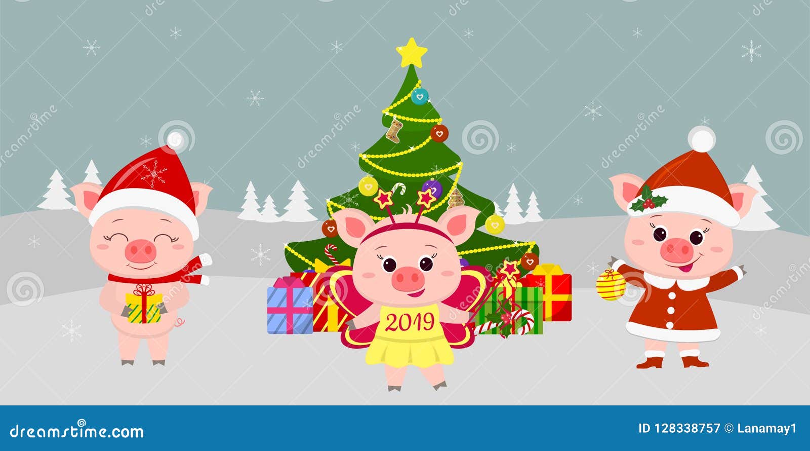 Carte De Voeux De Bonne Annee Et De Joyeux Noel Trois Porcs Mignons Dans Differents Costumes A Cote De Beau Noel Illustration De Vecteur Illustration Du Cote Differents