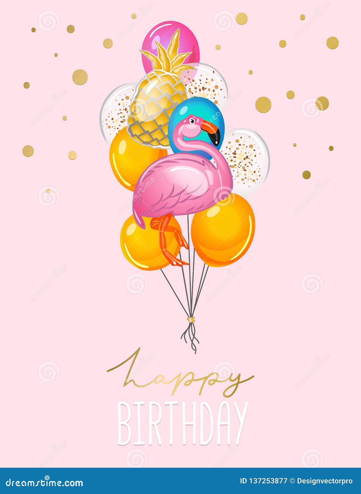 Carte De Voeux De Joyeux Anniversaire Avec Des Ballons Sur Le Fond Rose Carte Mignonne De Ballons De Flamant Et D Ananas Pour L I Illustration De Vecteur Illustration Du Colore Fond