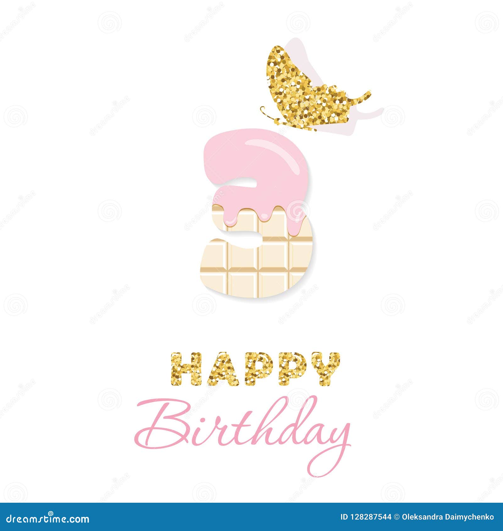 Carte de voeux de joyeux anniversaire avec du chocolat numéro 3 et le papillon de scintillement Trois ans d'anniversaire de petite fille Conception minimalistic à la mode Vecteur eps10