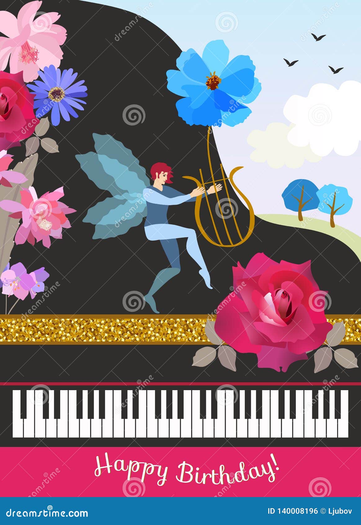 Carte De Voeux De Joyeux Anniversaire Dans Le Style De Cru Piano A Queue Noir Elfe A Ailes Avec Des Lires Dans La Forme De La Fl Illustration De Vecteur Illustration Carte De Voeux De Joyeux Anniversaire Dans Le Style De Cru Piano A Queue Noir Elfe A Ailes Avec Des Lires Dans La Forme De La Fl Illustration De Vecteur Illustration