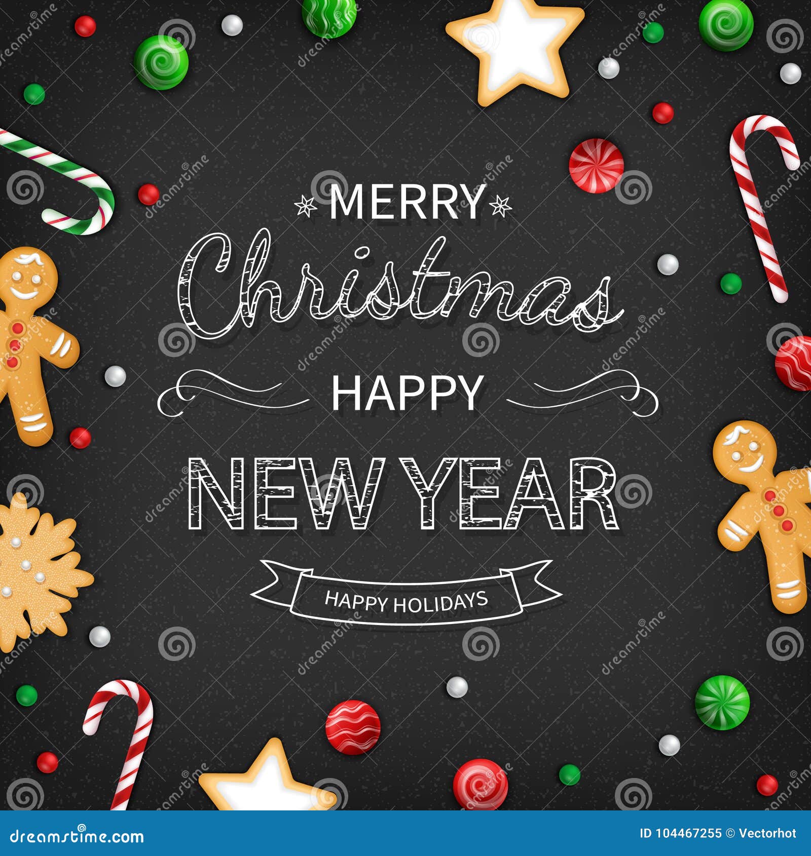 Carte De Voeux De Joyeux Noel Et D An Neuf Heureux Lettrage De Logo Avec Des Bonbons Sur Le Fond Noir Pour Le Web Ou Imprimer La Illustration De Vecteur Illustration Du