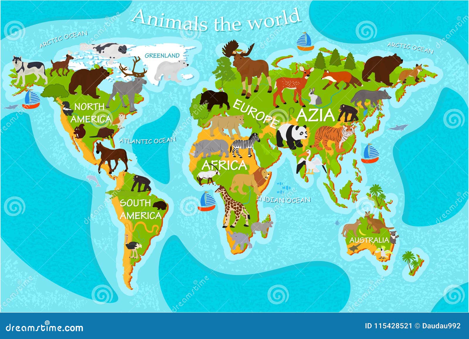 Carte Des Animaux Du S Du Monde Avec Les Noms Des