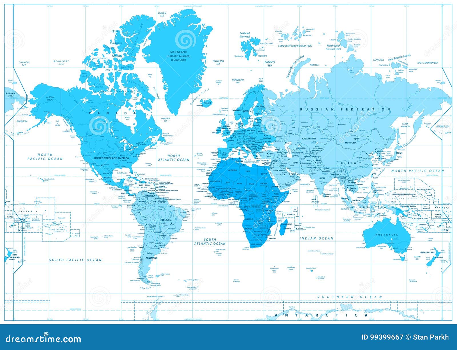 Carte Du Monde Avec Des Continents En Couleurs De Bleu D
