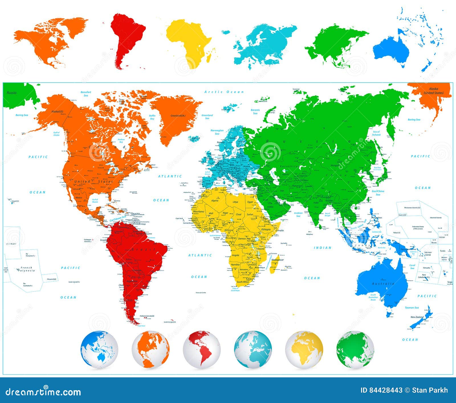 Carte Du Monde Avec Les Continents Et Les Globes 3d Colorés