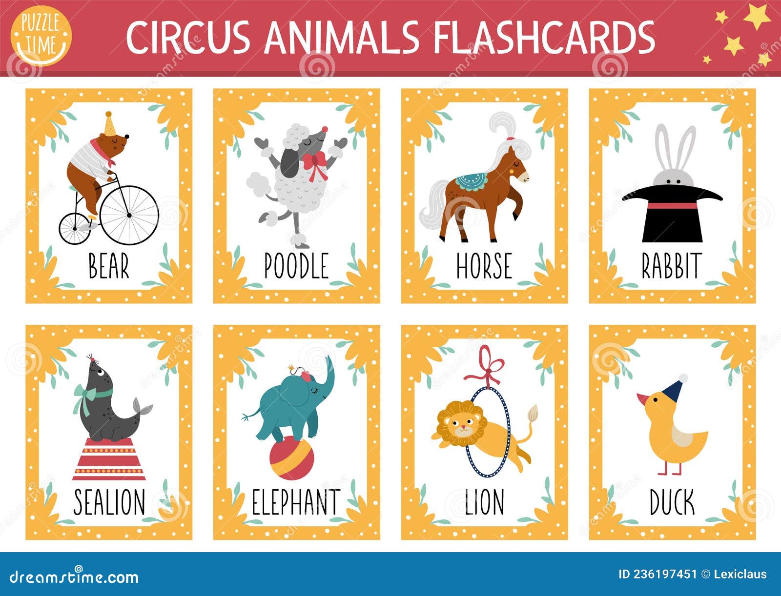 Carte Flash Vectorielle Animaux Cirque. Jeu De Langue Anglaise