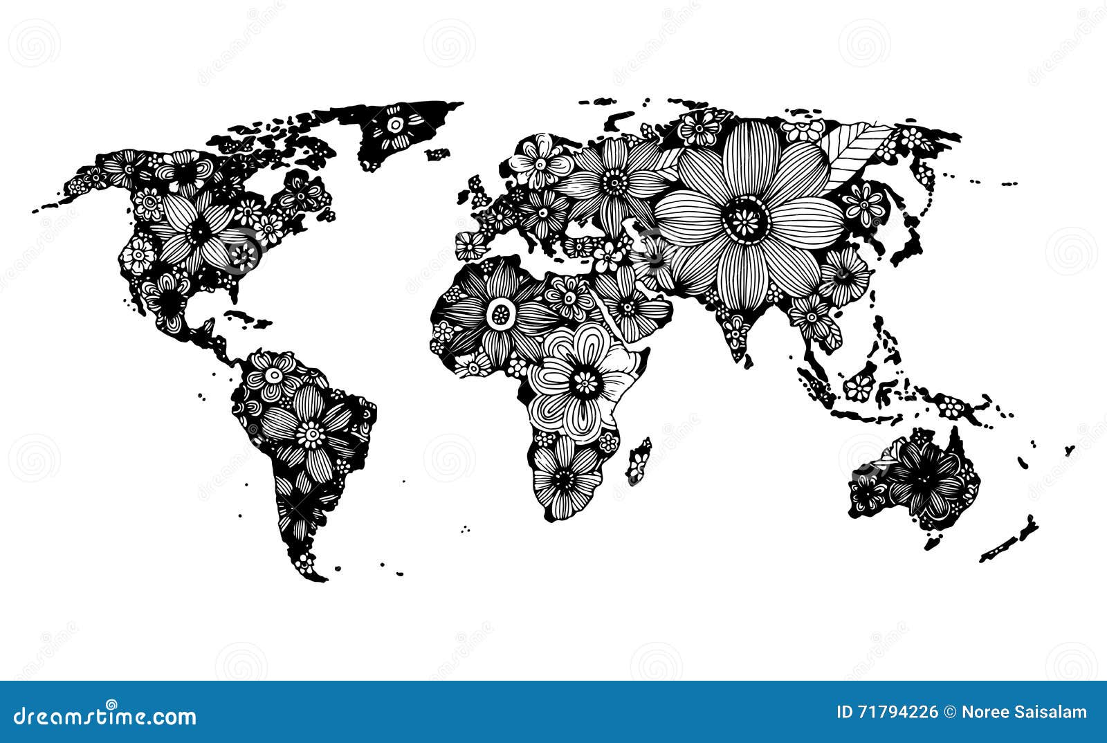 Carte Florale Du Monde Griffonnage Tiré Par La Main Et Noir