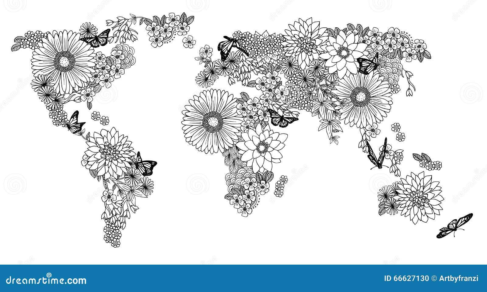 illustration stock carte florale du monde pour livres de coloriage image