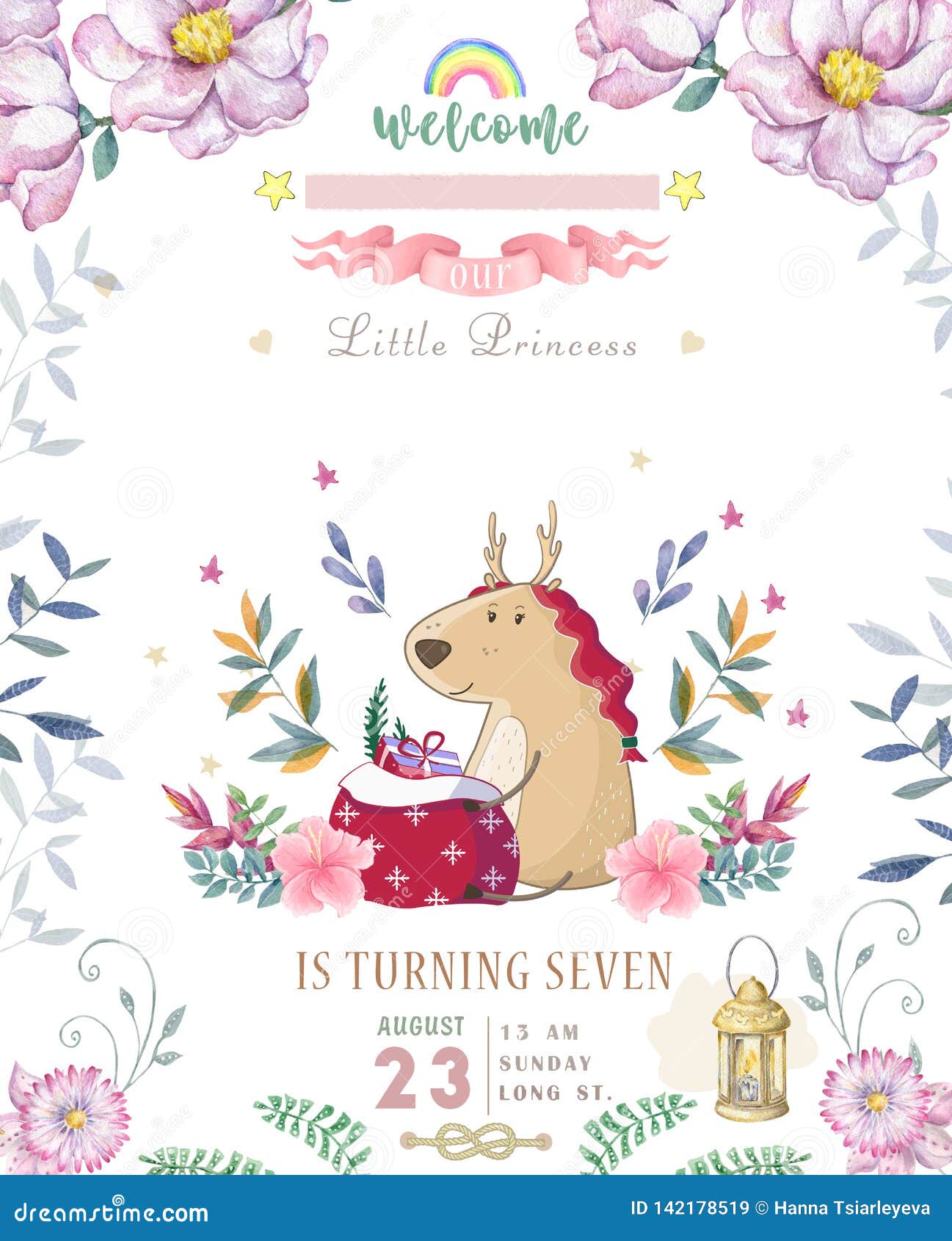Carte Mignonne De Joyeux Anniversaire Avec Des Cerfs Communs De Bande Dessinee Fleurs Feeriques De Rose De Boho De Clipart Image Image Stock Image Du Boho Bande