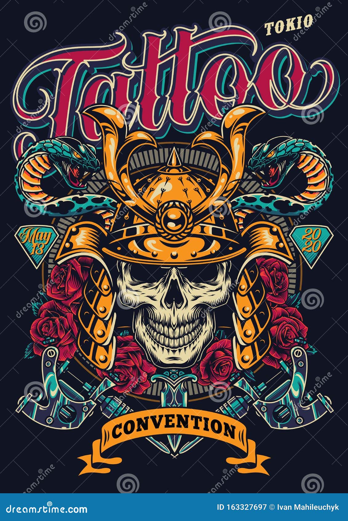 Cartel Colorido De La Convención Sobre El Tatuaje En Tokio Ilustración del Vector - Ilustración de fondo, peligro: 163327697