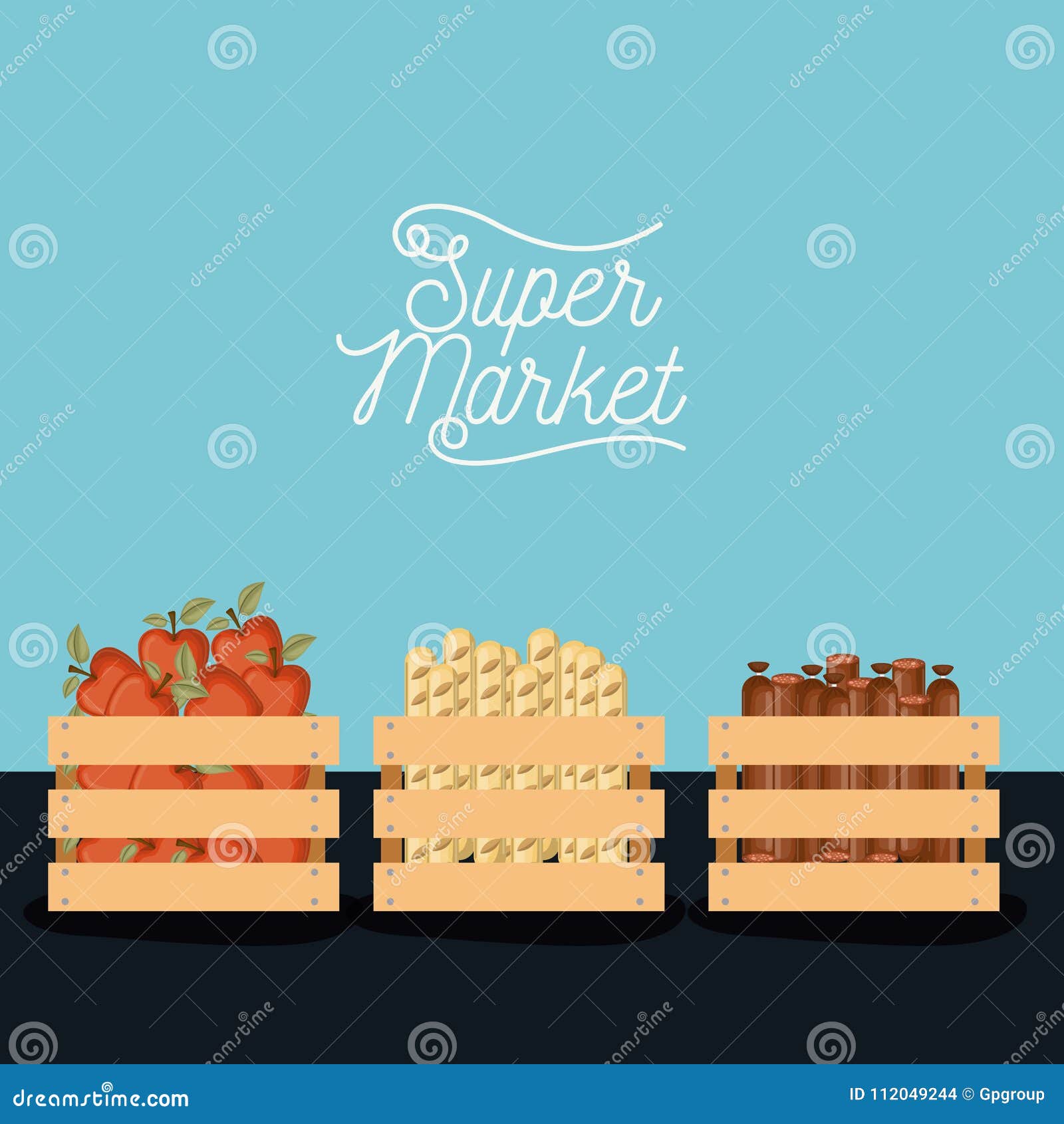Cartel Colorido Del Supermercado Con Las Cestas De Madera Con Las Manzanas Pan Y Salchichas Ilustración del Vector - Ilustración de manzana, carro: 112049244