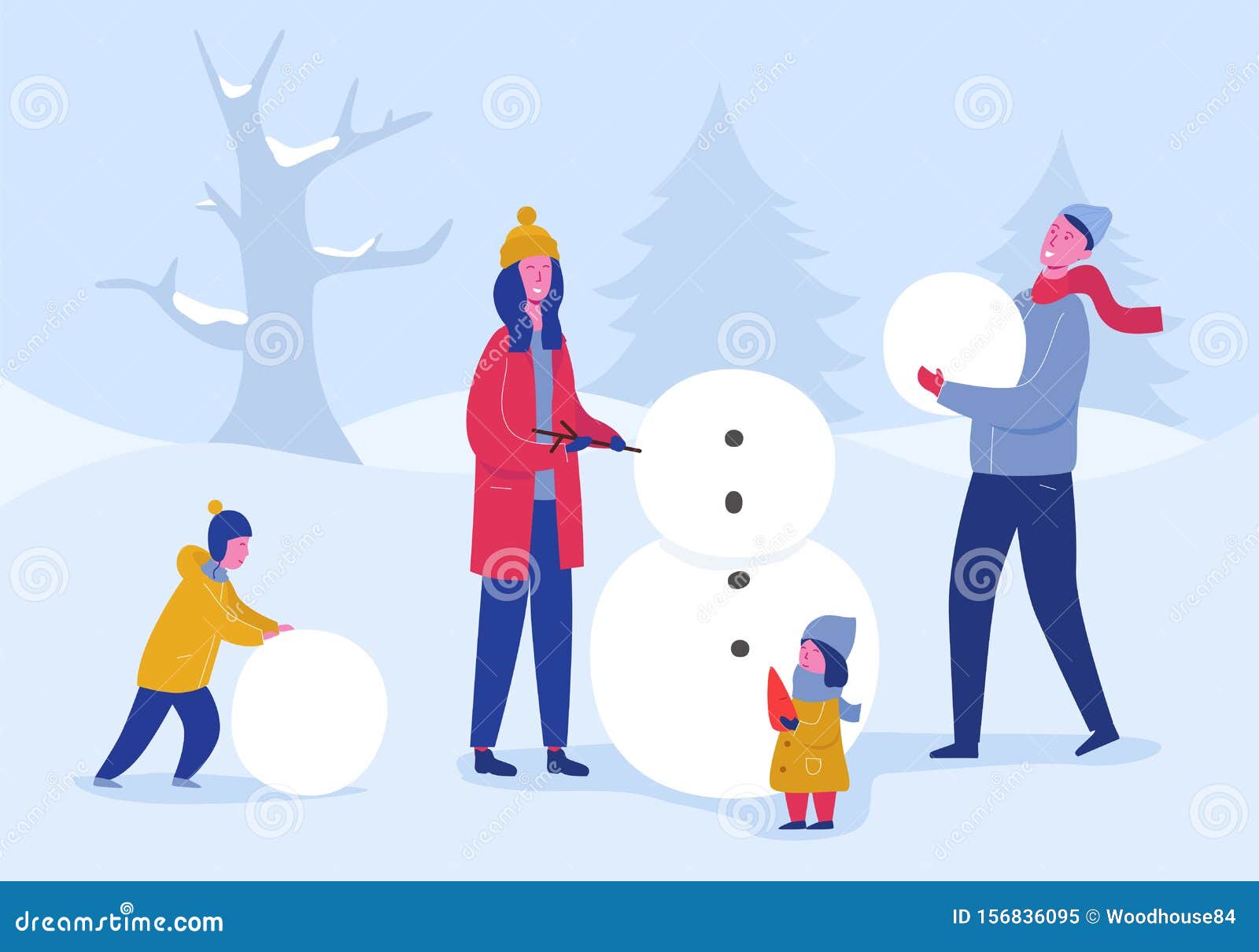 Cartel De Fiesta Navideña O De Invitación. Familia De Mamá, Papá, Niños Construyendo Muñecos De Nieve, Personajes De La Gent Ilustración del Vector - Ilustración de construyendo, navideña: 156836095