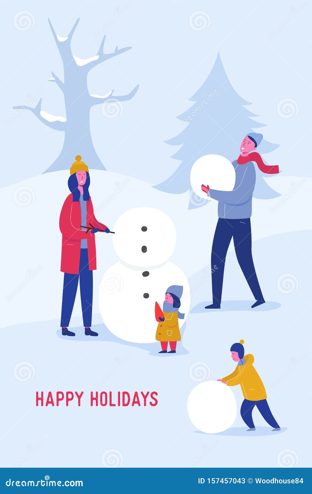 Cartel De Fiesta Navideña O De Invitación. Familia De Mamá, Papá, Niños Construyendo Muñecos De Nieve, Personajes De La Gent Ilustración del Vector - Ilustración de muñecos, gent: 157457043