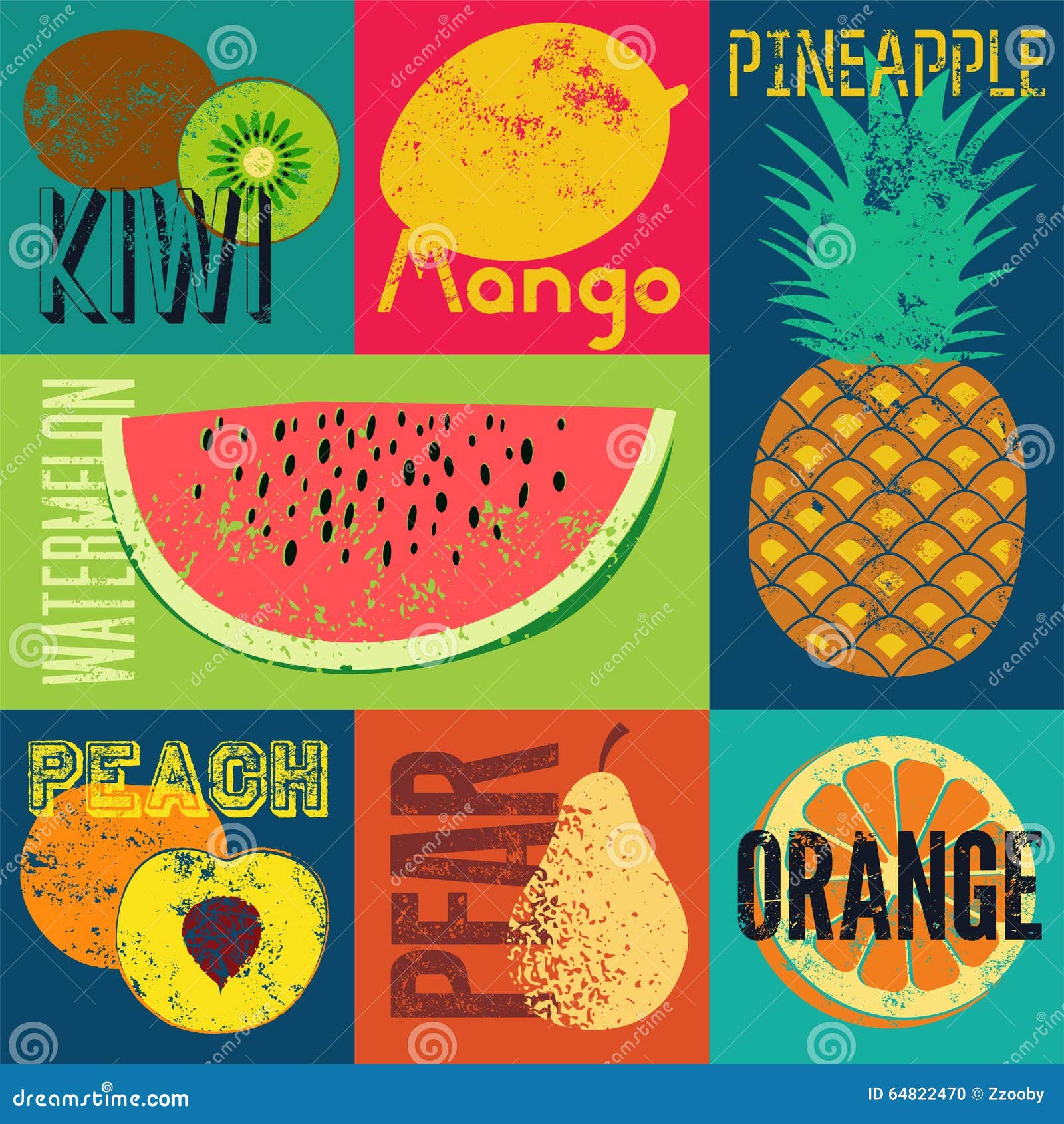 Cartel de la fruta del estilo del grunge del arte pop Colección de frutas retras Sistema del vector del vintage de frutas